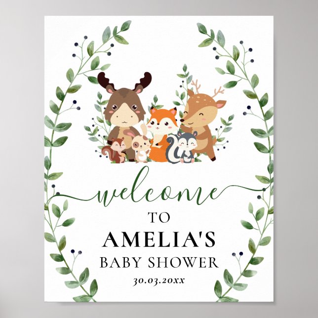 Chic Woodland Greenery Animals Baby Shower Välkomm Poster (Framsidan)