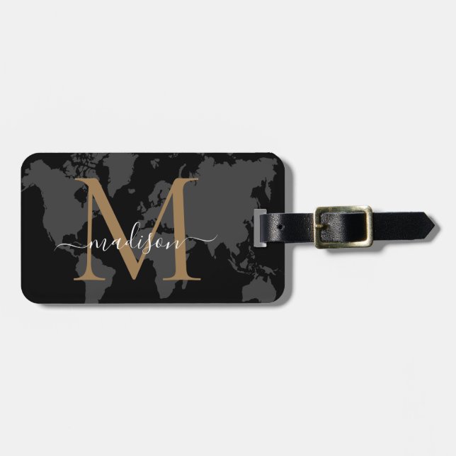 Chic World Traveler Karta Black Guld Monogram-skri Bagagebricka (Horisontell Framsida)