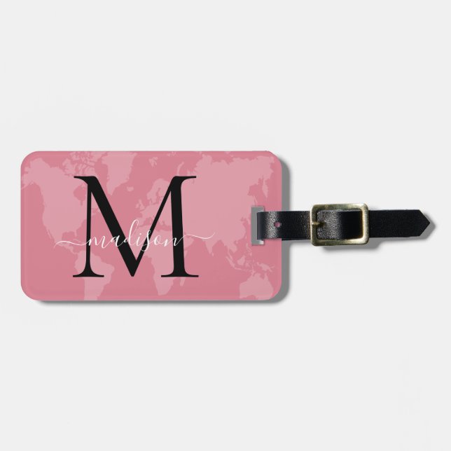 Chic World Traveler Karta Rosa Monogram Namn Bagagebricka (Horisontell Framsida)