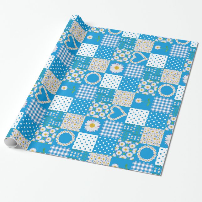 Chic Wrapping Papper, Daisy Chains Faux Patchwork Presentpapper (Utrullad)
