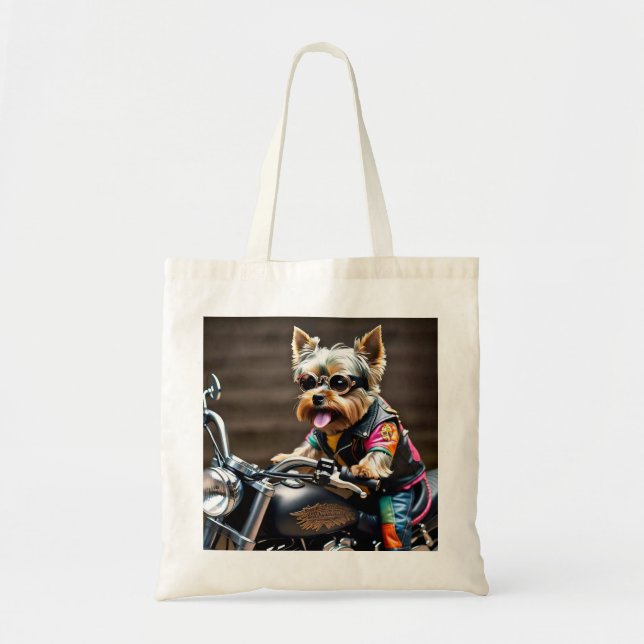 Chic Yorkie på en motorcyklar Tote Bag Tygkasse (Framsidan)