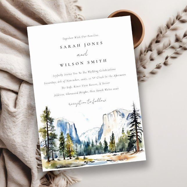 Chic Yosemite nationalpark CA Watercolor Bröllop Inbjudningar (Skapare uppladdad)
