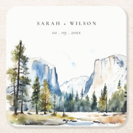 Chic Yosemite nationalpark CA Watercolor Bröllop Underlägg Papper Kvadrat
