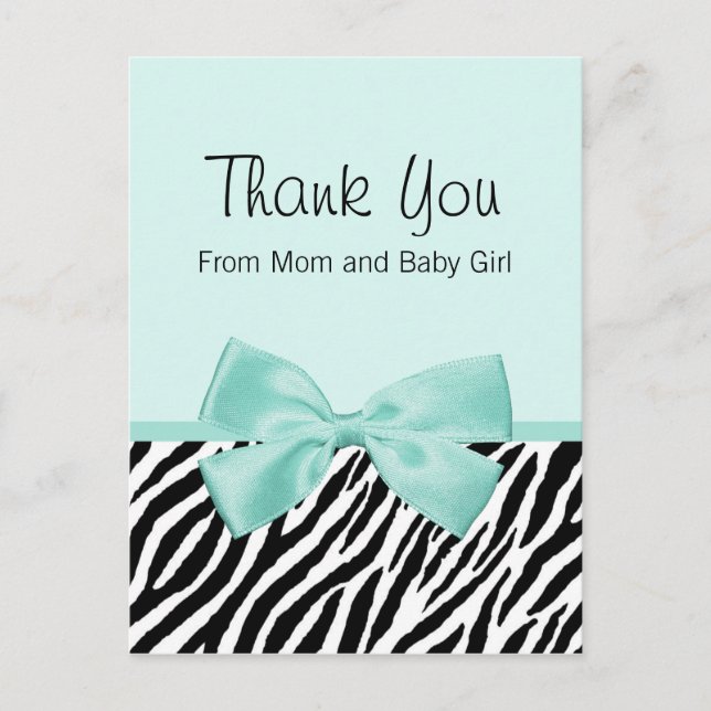 Chic Zebra Fresh Mint Bow Baby Shower Tack Meddelande Vykort (Framsida)