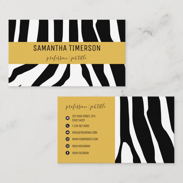Chic Zebra ränder & Guld Modern Professionell Visitkort (Fram/baksida)