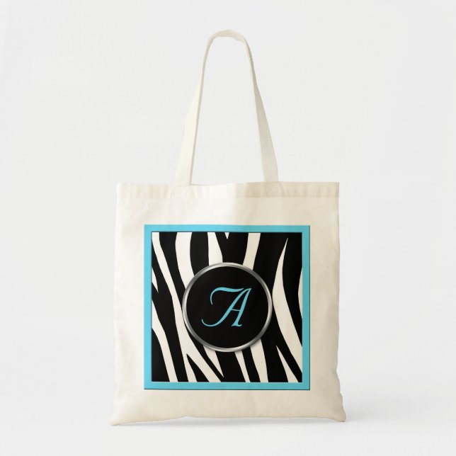 Chic Zebra tryck Aqua Blue Monogram Tote Bag Tygkasse (Framsidan)