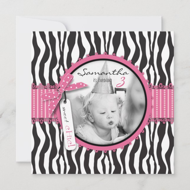 Chic Zebra tryck & Cupaka Birthday Photo Template Inbjudningar (Framsida)