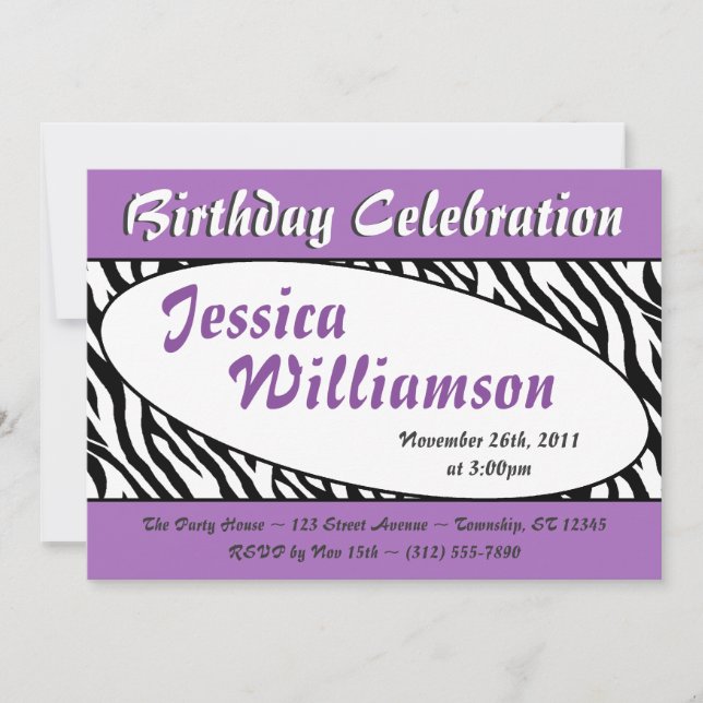 Chic Zebra tryck Oval Lila Birthday-inbjudan Inbjudningar (Framsida)