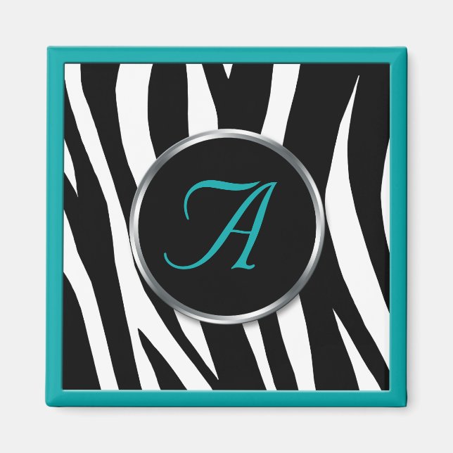 Chic Zebra tryck Teal Monogram Magnet (Framsidan)