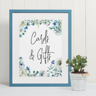 Chica blå blommiga handskrivna skriptkort och pres poster