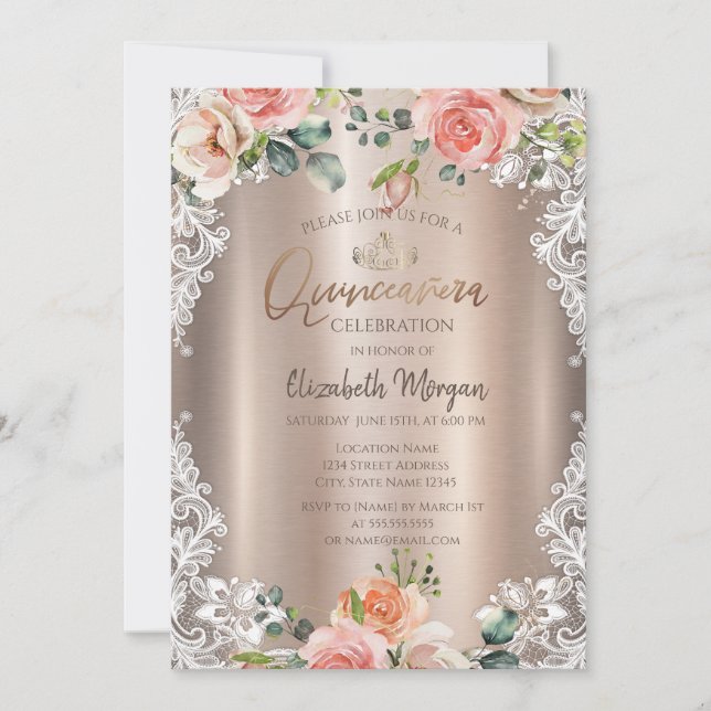 Chica Blommor,Spets,Tiara Quinceañera  Inbjudningar (Framsida)