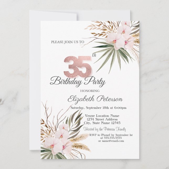 Chica Boho-blommor 35-årsdag Inbjudningar (Framsida)
