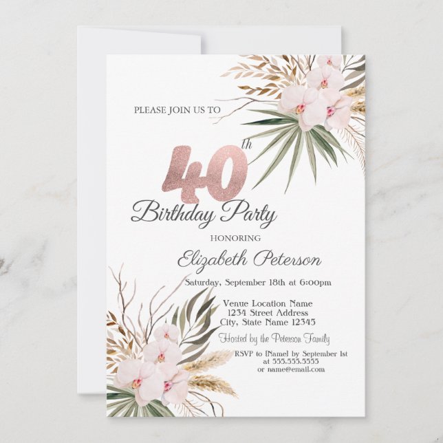 Chica Boho Blommor 40-årsdag Inbjudningar (Framsida)