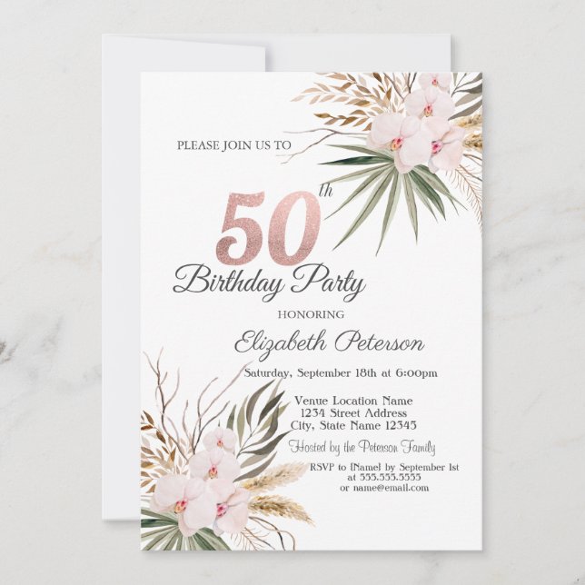 Chica Boho Blommor 50-års Födelsedag Inbjudningar (Framsida)