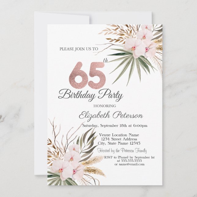 Chica Boho Blommor 65-årsdag Inbjudningar (Framsida)