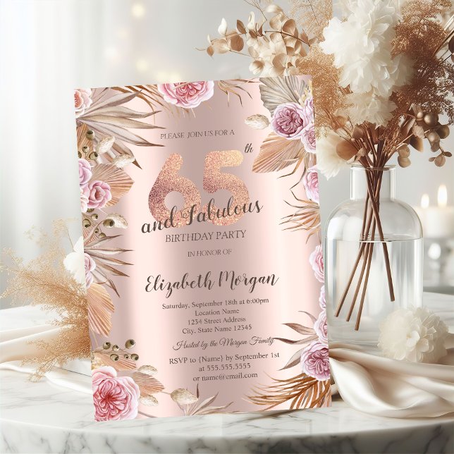 Chica Boho Blommor Roséguld 65-årsdag Inbjudningar (Skapare uppladdad)