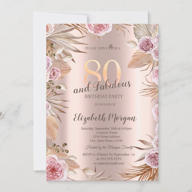 Chica Boho Blommor Roséguld 80-årsdag Inbjudningar (Framsida)