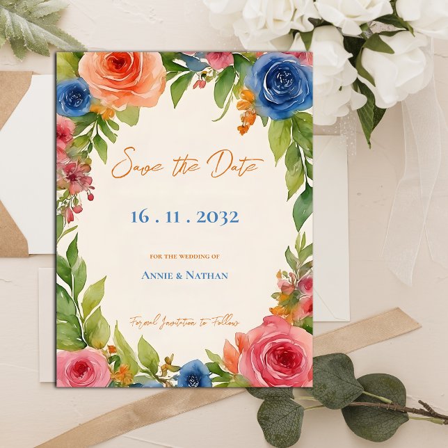 Chica Orange Blå Blommor Blommar Blommig Bröllop Meddelande Vykort (Chic Orange Blue Flowers Bloom Floral Wedding Announcement Postcard)