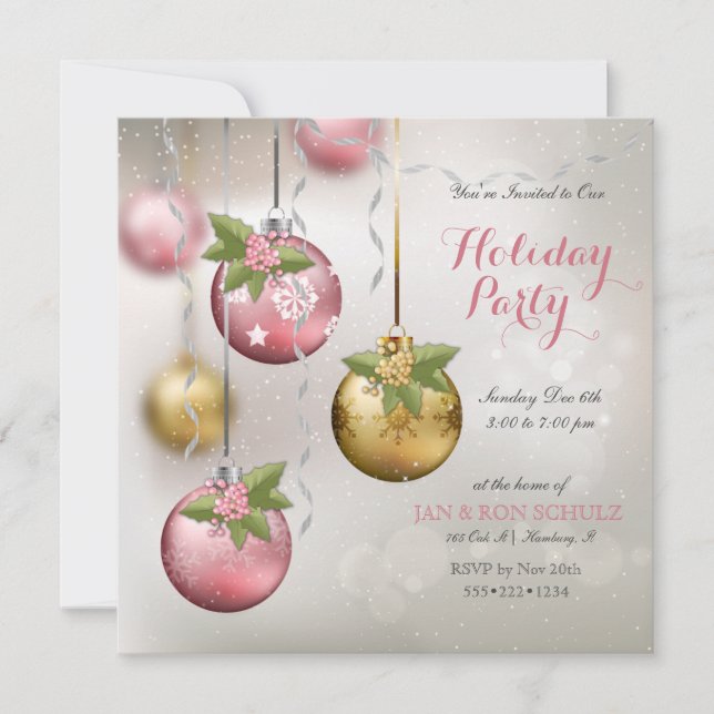 Chica rosa silver guldornament glittrande julholly inbjudningar (Framsida)