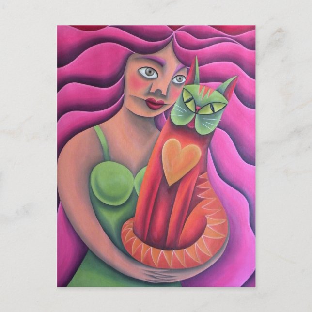 Chica y su gato verde pintura óleo arte vykort (Framsida)