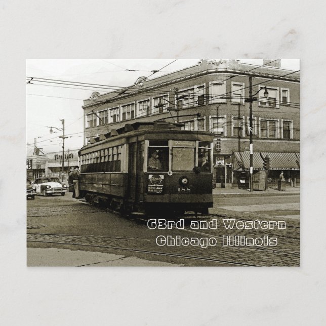 CHICAGO 63RD OCH WESTERN 1952 TROLLEY ART SEPIA VYKORT (Framsida)