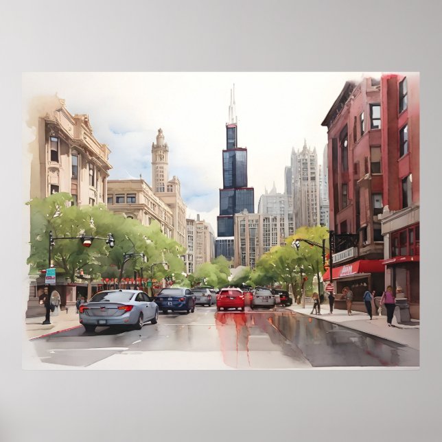 Chicago akvarell konst poster (Framsidan)