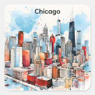 Chicago Akvarellmålning Stadssiluett Fyrkantigt Klistermärke
