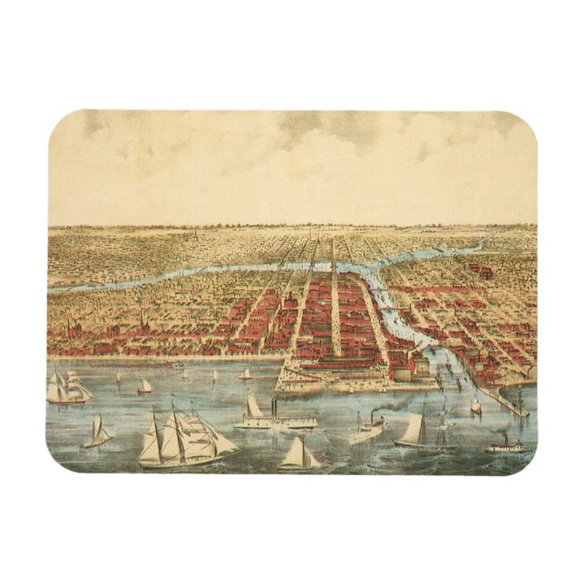 Chicago Antik Karta, LaSalle Street och Flod Magnet (Horisontell)