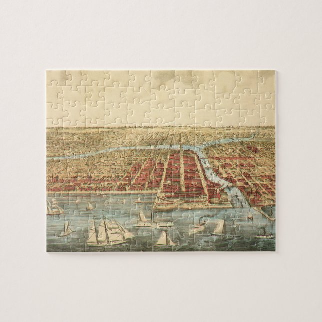 Chicago Antique Karta, LaSalle Street och River Pussel (Horisontell)