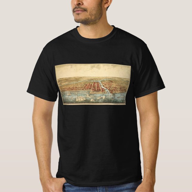 Chicago Antique Karta, LaSalle Street och River Tee Shirt (Framsida)