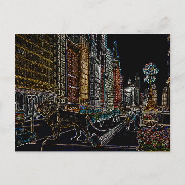 CHICAGO ART INSTITUTE LEJON MICHIGAN AVE NEON 1930 VYKORT (Framsida)