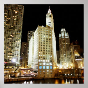 Chicago berömd landmark på natten poster