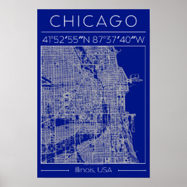 Chicago Blueprint Stadskarta Affisch Blå Minimalis