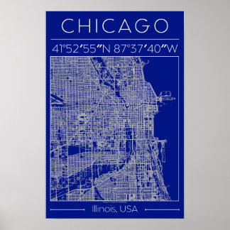 Chicago Blueprint Stadskarta Affisch Blå Minimalis