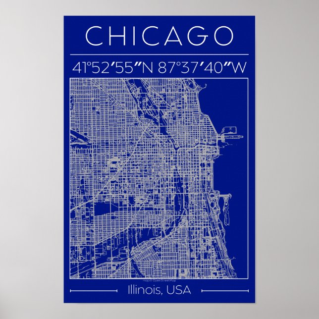 Chicago Blueprint Stadskarta Affisch Blå Minimalis (Framsidan)