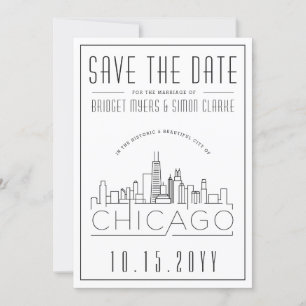 Chicago Bröllop Stiliserad Skyline Spara datum Inbjudningar