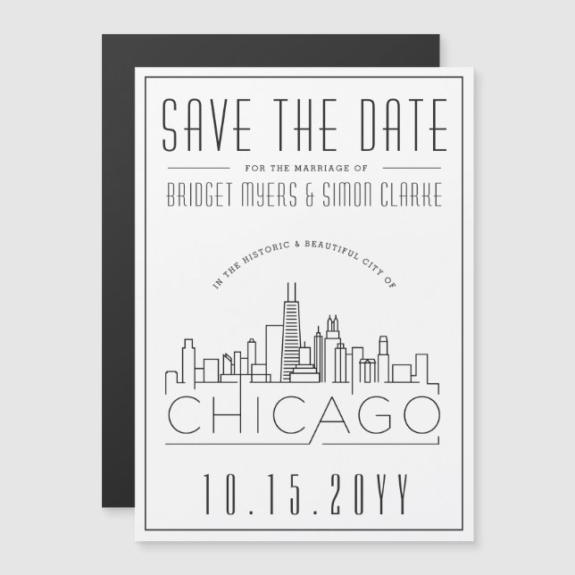Chicago Bröllop | Stiliserad Skyline Spara datum Magnetisk Inbjudningskort (Fram/baksida)
