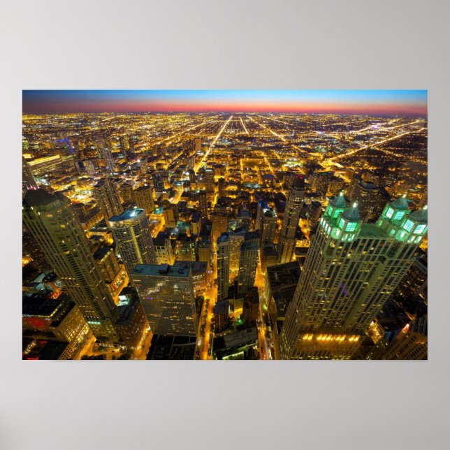 Chicago Byggnad Skyscraper Ljus i Night Poster (Framsidan)