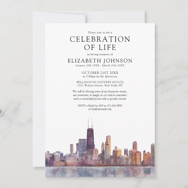 Chicago Celebration Of Life Begravning Minnesstund Inbjudningar (Framsida)