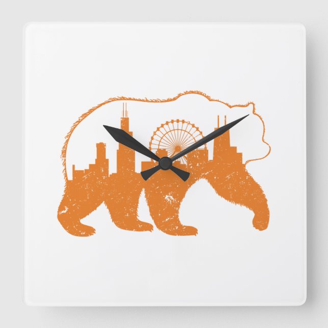 Chicago City Apparel Downtown Walking Bear Silhoue Fyrkantig Klocka (Framsida)