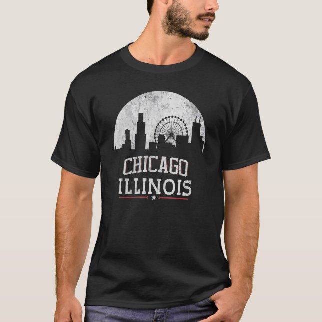 Chicago City Illinois Skyline Usa American Flagga  T Shirt (Framsida)