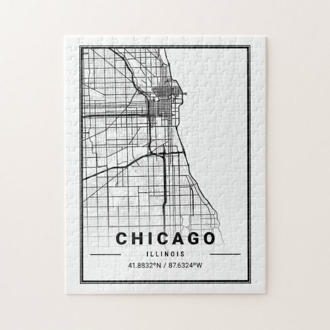 Chicago City Karta | Modern Minimalistisk Teckning Pussel (Vertikal)