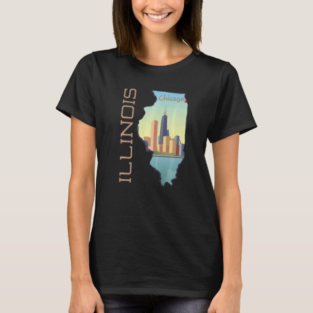 Chicago City Skyline in Illinois State Karta T Shirt (Framsida)