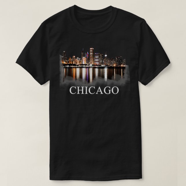 Chicago City Skyline Ljus vid Night Chicago Illin T Shirt (Design framsida)