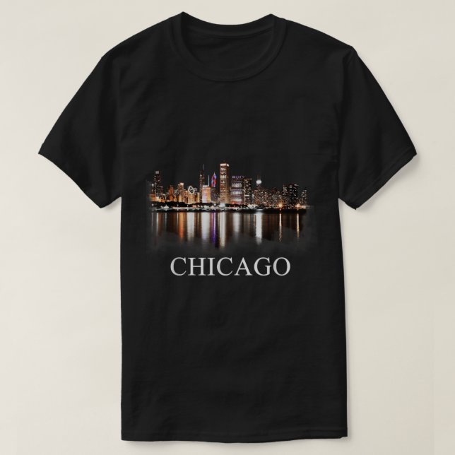 Chicago City Skyline Ljus vid Night Chicago Illin T Shirt (Design framsida)