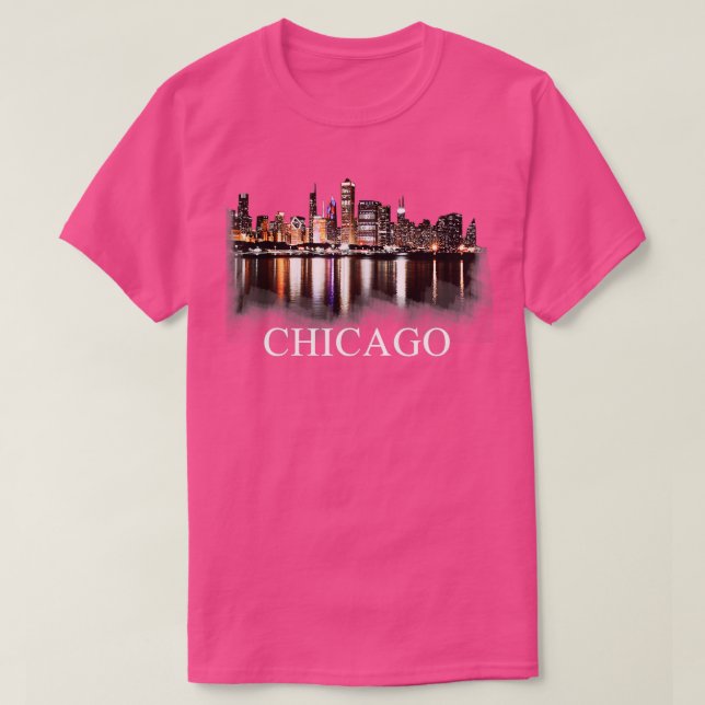 Chicago City Skyline Ljus vid Night Chicago Illin T Shirt (Design framsida)