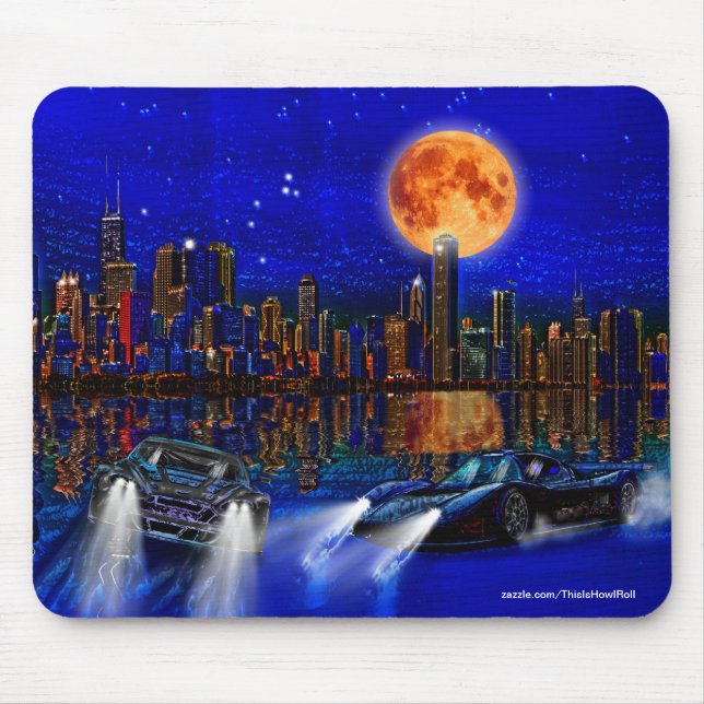 Chicago City Skyline och Street-Tävla Cars Musmatta (Framsidan)