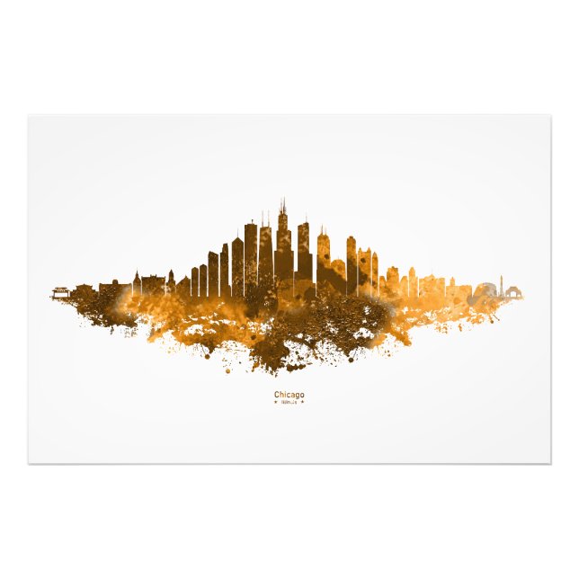 Chicago City Skyline Watercolor i orange Fototryck (Framsidan)