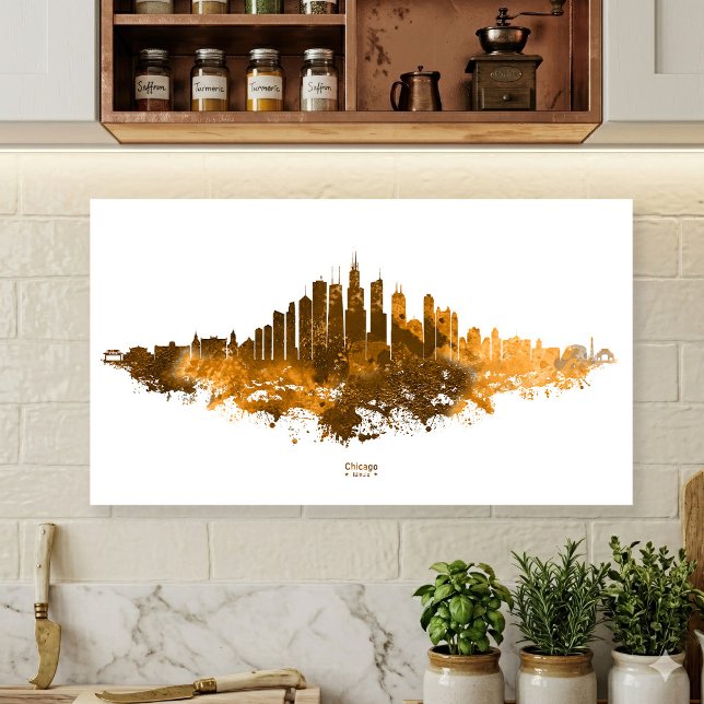 Chicago City Skyline Watercolor i orange Poster (Chicago Skyline Watercolor Orange Cityscape Art. Poster)