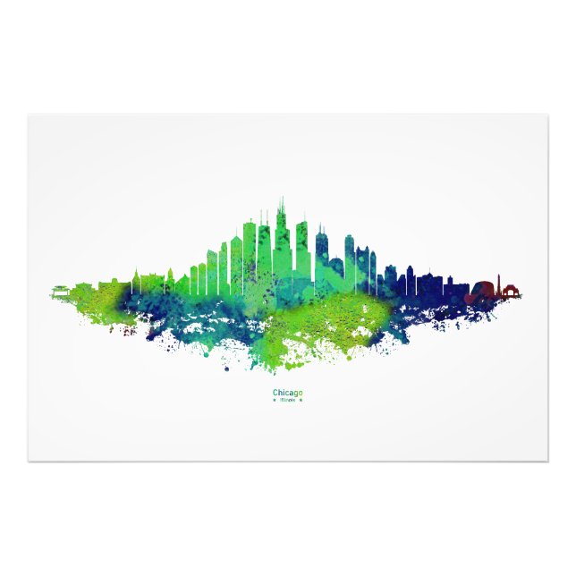 Chicago City Skyline Watercolor in blue and lime Fototryck (Framsidan)